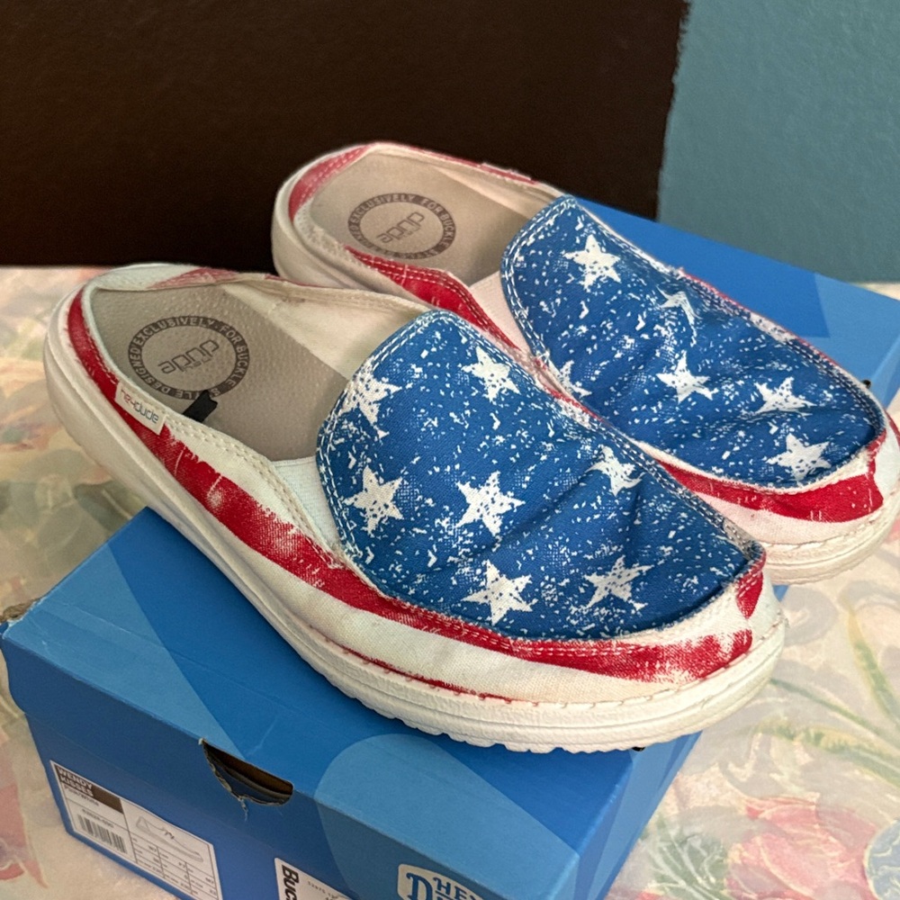Hey Dude Blue and Red Starry Loafers